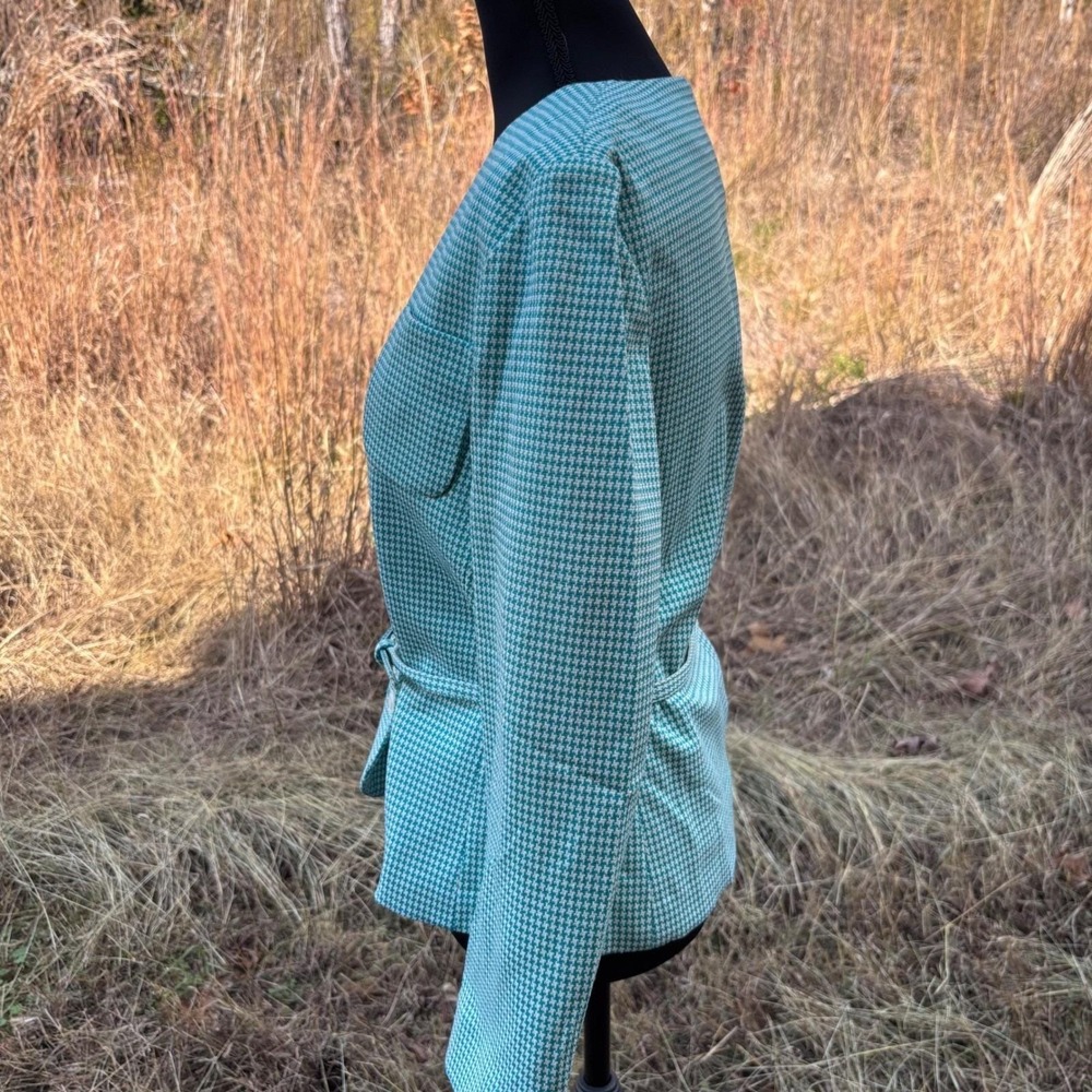 vintage 90s Teal green Houndstooth Belted Blazer office siren career CEO size 10 - Picture 4 of 10